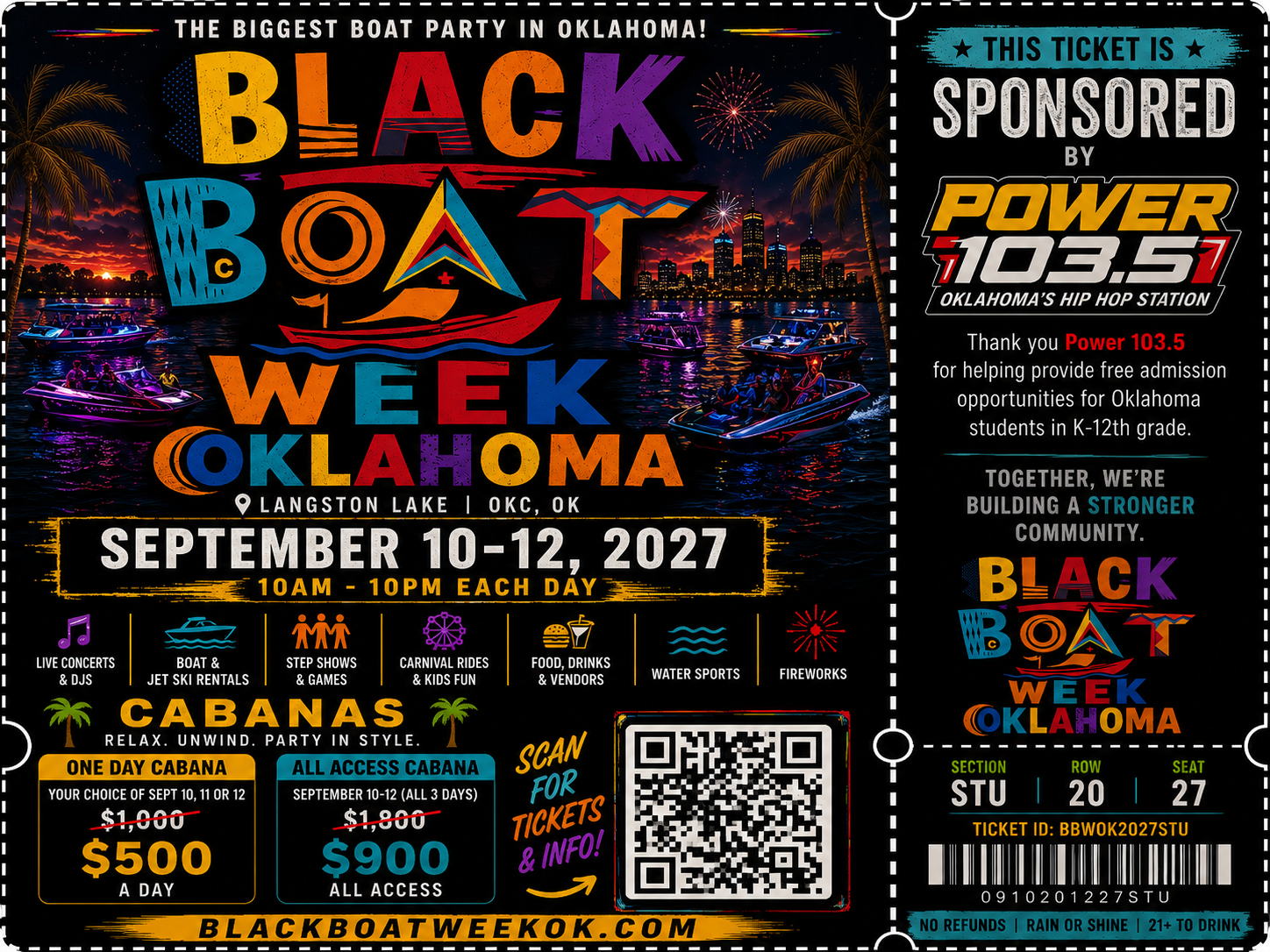 Example Black Boat Week Oklahoma student ticket sponsored by Power 103.5